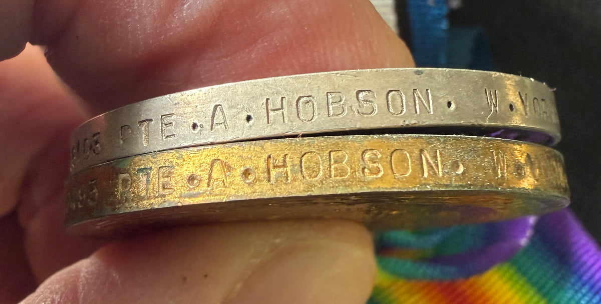 WW1 Medal pair – British War Medal & Victory Medal awarded to ARTHUR HOBSON of the 2/7th (Leeds Rifles) Battalion the Prince of Wales’s Own (West Yorkshire Regiment) & later with the Labour Corps – Wounded in action – BULLACOURT 1917 interest