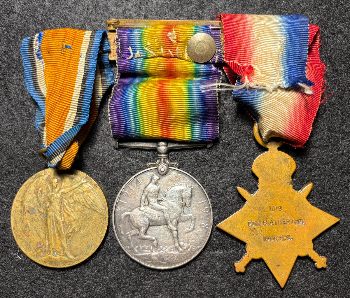 WW1 Medal trio – 1914-15 Star, British War Medal & Victory Medal awarded to SAMUEL ATHERTON - 1/9th (Ashton-under-Lyne) Bn Manchester Regt & 1st Battalion King’s Liverpool Regt – GALLIPOLI – 1 of 3 brothers who served together in the ‘Ashton Territorials’