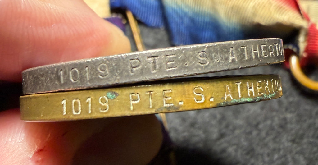 WW1 Medal trio – 1914-15 Star, British War Medal & Victory Medal awarded to SAMUEL ATHERTON - 1/9th (Ashton-under-Lyne) Bn Manchester Regt & 1st Battalion King’s Liverpool Regt – GALLIPOLI – 1 of 3 brothers who served together in the ‘Ashton Territorials’