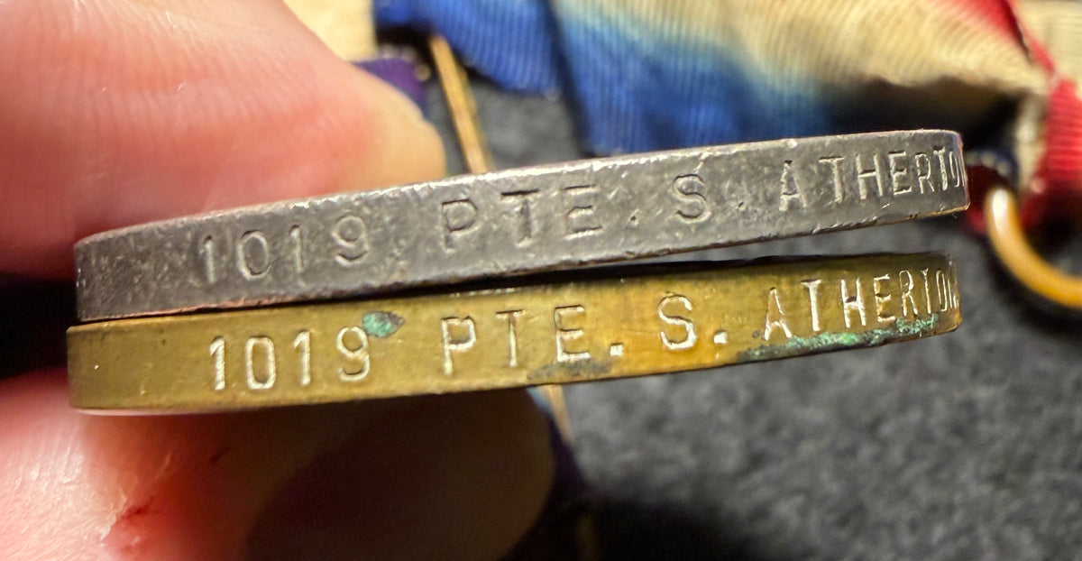WW1 Medal trio – 1914-15 Star, British War Medal & Victory Medal awarded to SAMUEL ATHERTON - 1/9th (Ashton-under-Lyne) Bn Manchester Regt & 1st Battalion King’s Liverpool Regt – GALLIPOLI – 1 of 3 brothers who served together in the ‘Ashton Territorials’