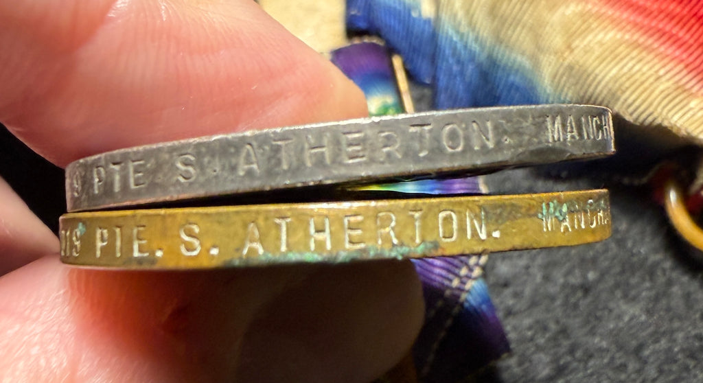 WW1 Medal trio – 1914-15 Star, British War Medal & Victory Medal awarded to SAMUEL ATHERTON - 1/9th (Ashton-under-Lyne) Bn Manchester Regt & 1st Battalion King’s Liverpool Regt – GALLIPOLI – 1 of 3 brothers who served together in the ‘Ashton Territorials’