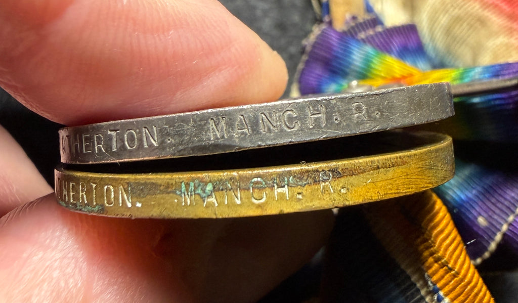 WW1 Medal trio – 1914-15 Star, British War Medal & Victory Medal awarded to SAMUEL ATHERTON - 1/9th (Ashton-under-Lyne) Bn Manchester Regt & 1st Battalion King’s Liverpool Regt – GALLIPOLI – 1 of 3 brothers who served together in the ‘Ashton Territorials’
