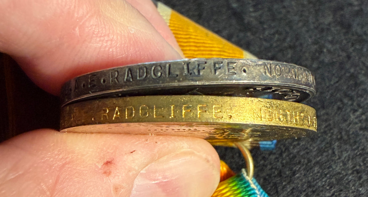 WW1 Medal pair – British War Medal & Victory Medal (missing 1914-15 Star) awarded to Corporal ARTHUR ERNEST RADCLIFFE, 1st Battalion Northumberland Fusiliers – Killed in action 27th March 1916 at ST ELOI, a significant and well publicised action