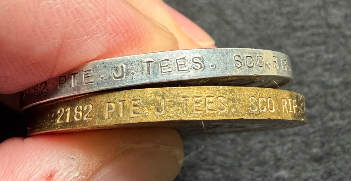 WW1 Medal pair (entitled to trio - 1914-15 Star missing) – British War Medal & Victory Medal awarded to Private J TEES of the 7th Battalion the Cameronians (Scottish Rifles) – Underage soldier – wounded at GALLIPOLI