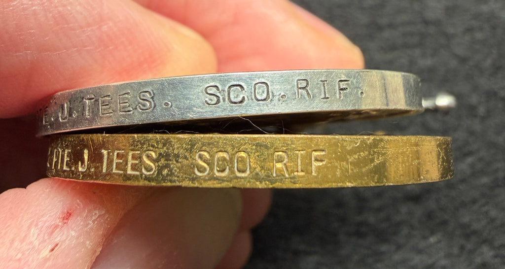 WW1 Medal pair (entitled to trio - 1914-15 Star missing) – British War Medal & Victory Medal awarded to Private J TEES of the 7th Battalion the Cameronians (Scottish Rifles) – Underage soldier – wounded at GALLIPOLI