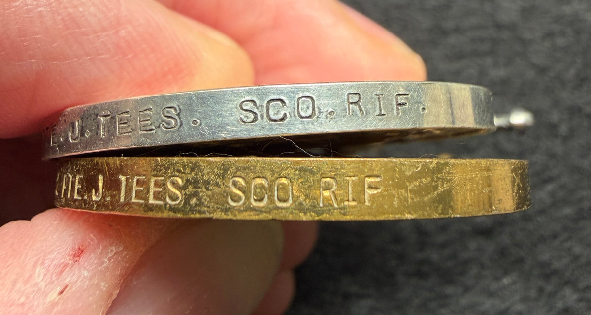 WW1 Medal pair (entitled to trio - 1914-15 Star missing) – British War Medal & Victory Medal awarded to Private J TEES of the 7th Battalion the Cameronians (Scottish Rifles) – Underage soldier – wounded at GALLIPOLI