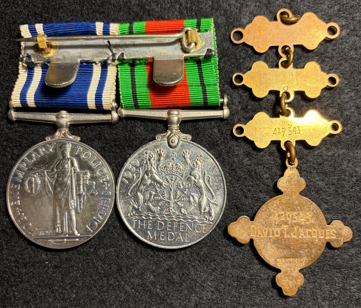 POLICE medal group – Defence Medal, West Riding Constabulary Police Long Service & Good Conduct Medal, St John Ambulance Association Medal + re-examination bars & West Yorkshire Police Retirement Medal awarded to Police Constable DAVID TODD JACQUES