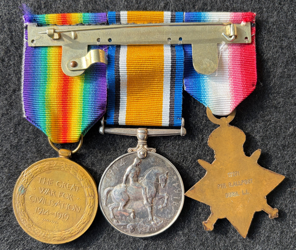 WW1 medal trio – 1914-15 Star, British War Medal and Victory Medal, awarded to Private 17271 ROBERT ALLPORT of the 5th Battalion Durham Light Infantry – Seriously wounded in action and discharged – Possible Somme wounding - Died 1919 Pleurisy
