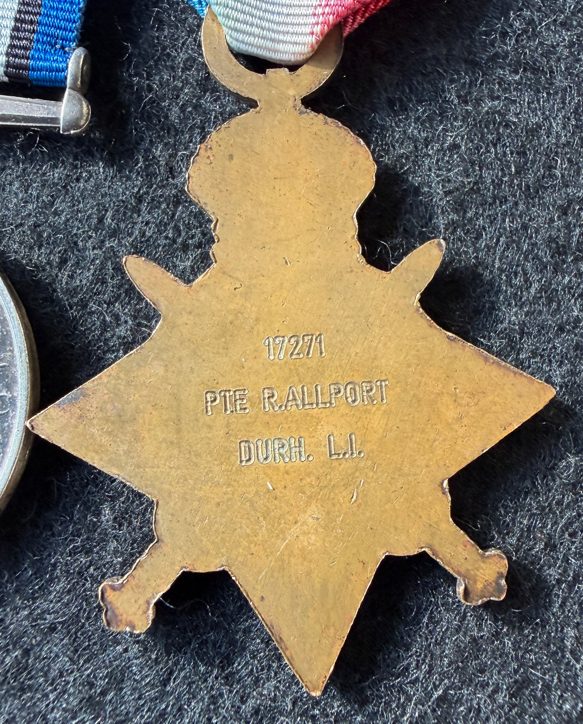 WW1 medal trio – 1914-15 Star, British War Medal and Victory Medal, awarded to Private 17271 ROBERT ALLPORT of the 5th Battalion Durham Light Infantry – Seriously wounded in action and discharged – Possible Somme wounding - Died 1919 Pleurisy