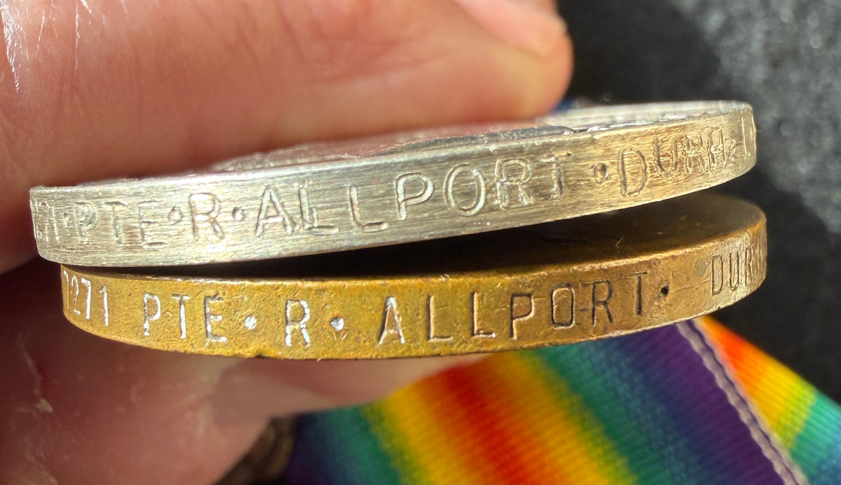 WW1 medal trio – 1914-15 Star, British War Medal and Victory Medal, awarded to Private 17271 ROBERT ALLPORT of the 5th Battalion Durham Light Infantry – Seriously wounded in action and discharged – Possible Somme wounding - Died 1919 Pleurisy