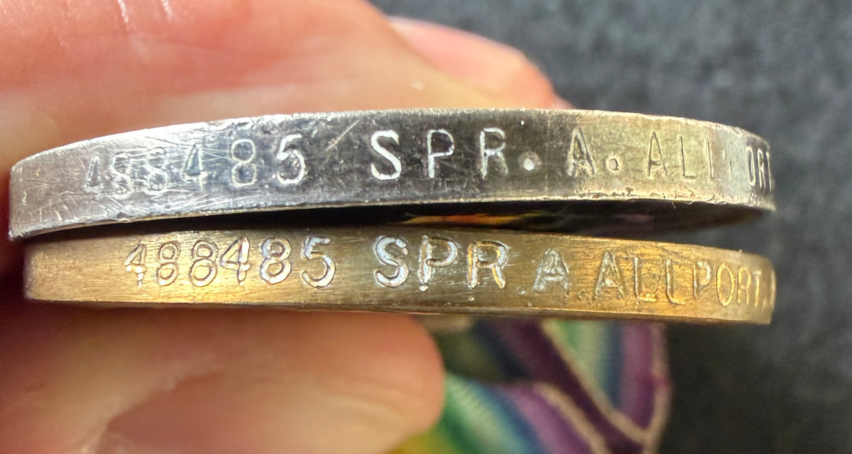 WW1 medal pair – British War Medal and Victory Medal, awarded to Sapper 488485 ABRAHAM ALLPORT - formerly (T)1299 of the Royal Engineers – 2nd (North Midland) Field Company Royal Engineers, later 469th (North Midland) Field Company – ‘Norton Terriers’