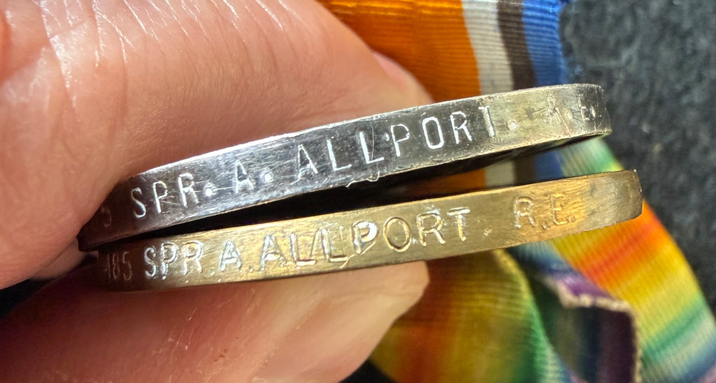 WW1 medal pair – British War Medal and Victory Medal, awarded to Sapper 488485 ABRAHAM ALLPORT - formerly (T)1299 of the Royal Engineers – 2nd (North Midland) Field Company Royal Engineers, later 469th (North Midland) Field Company – ‘Norton Terriers’