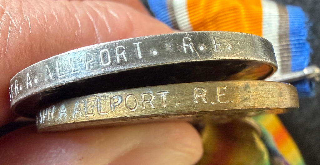 WW1 medal pair – British War Medal and Victory Medal, awarded to Sapper 488485 ABRAHAM ALLPORT - formerly (T)1299 of the Royal Engineers – 2nd (North Midland) Field Company Royal Engineers, later 469th (North Midland) Field Company – ‘Norton Terriers’