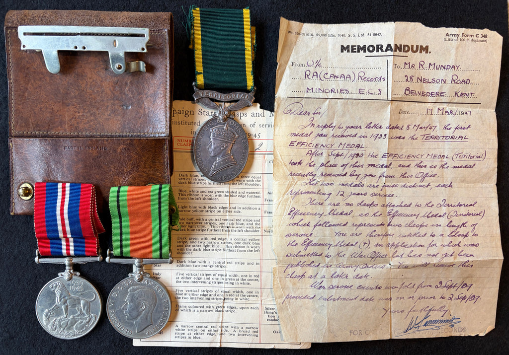 Interesting Territorial Army (T.A.) medal group – Defence Medal, War Medal 1939-45 and Efficiency Medal (Territorial) awarded to Gunner RICHARD MUNDAY of the Royal Artillery – with interesting document relating to recipients medal entitlement