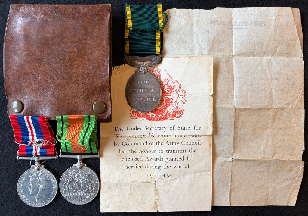 Interesting Territorial Army (T.A.) medal group – Defence Medal, War Medal 1939-45 and Efficiency Medal (Territorial) awarded to Gunner RICHARD MUNDAY of the Royal Artillery – with interesting document relating to recipients medal entitlement