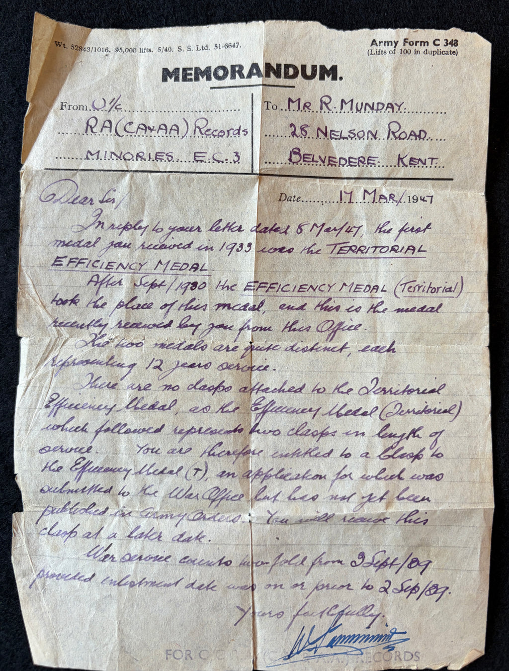 Interesting Territorial Army (T.A.) medal group – Defence Medal, War Medal 1939-45 and Efficiency Medal (Territorial) awarded to Gunner RICHARD MUNDAY of the Royal Artillery – with interesting document relating to recipients medal entitlement