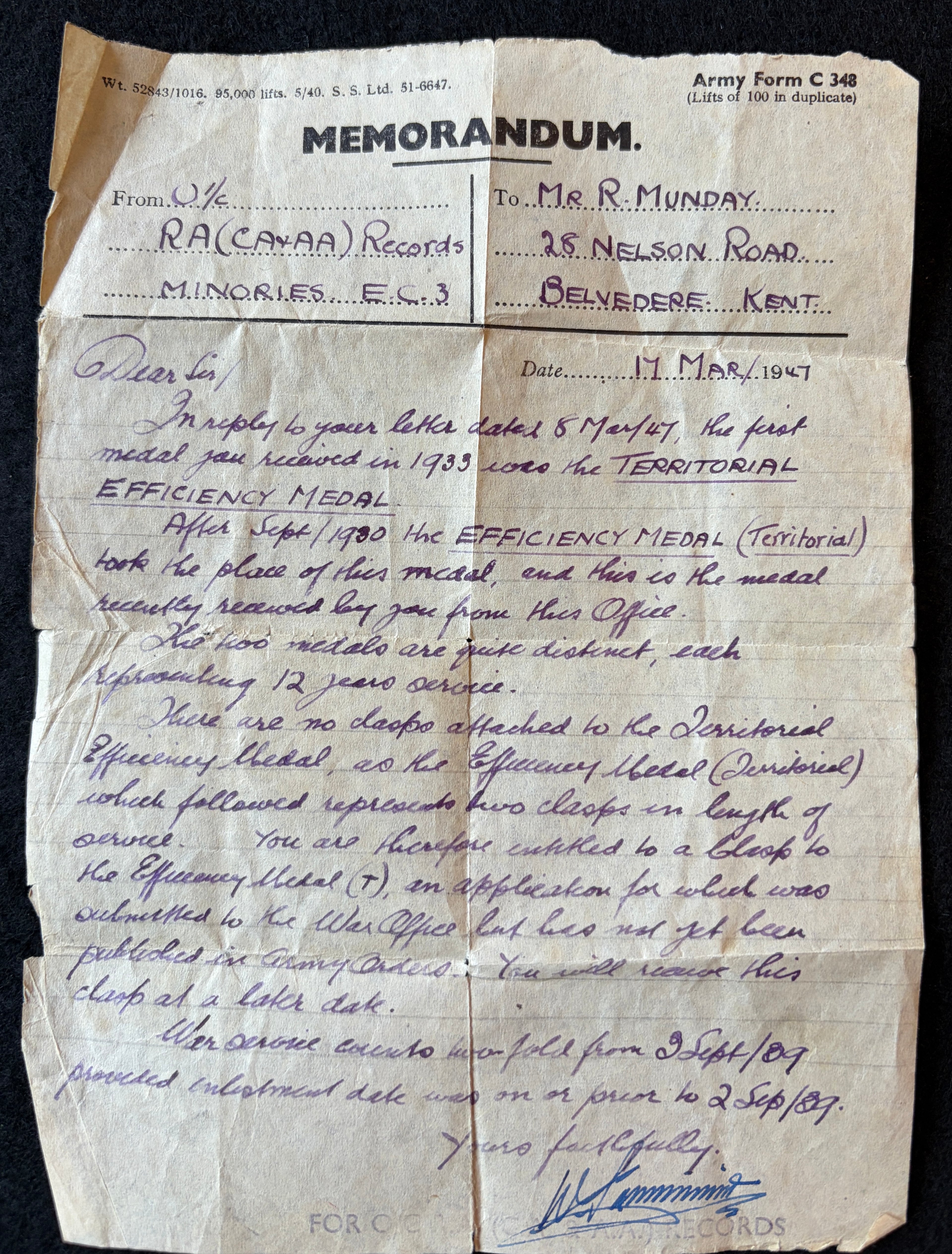 Interesting Territorial Army (T.A.) medal group – Defence Medal, War Medal 1939-45 and Efficiency Medal (Territorial) awarded to Gunner RICHARD MUNDAY of the Royal Artillery – with interesting document relating to recipients medal entitlement