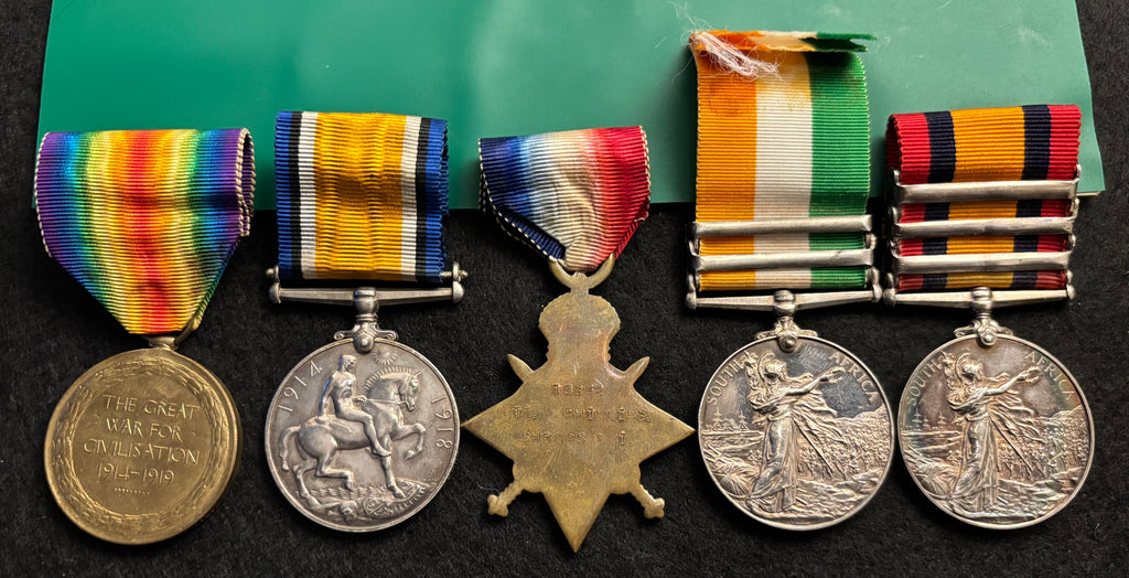 Boer War & WW1 x 5 medal group – Queen’s South Africa Medal, King’s South Africa Medal, 1914-15 Star, British War Medal & Victory Medal - FREDERICK PHILLIPS – King’s Shropshire Light Infantry & Somerset Light Infantry – Died of disease February 1919