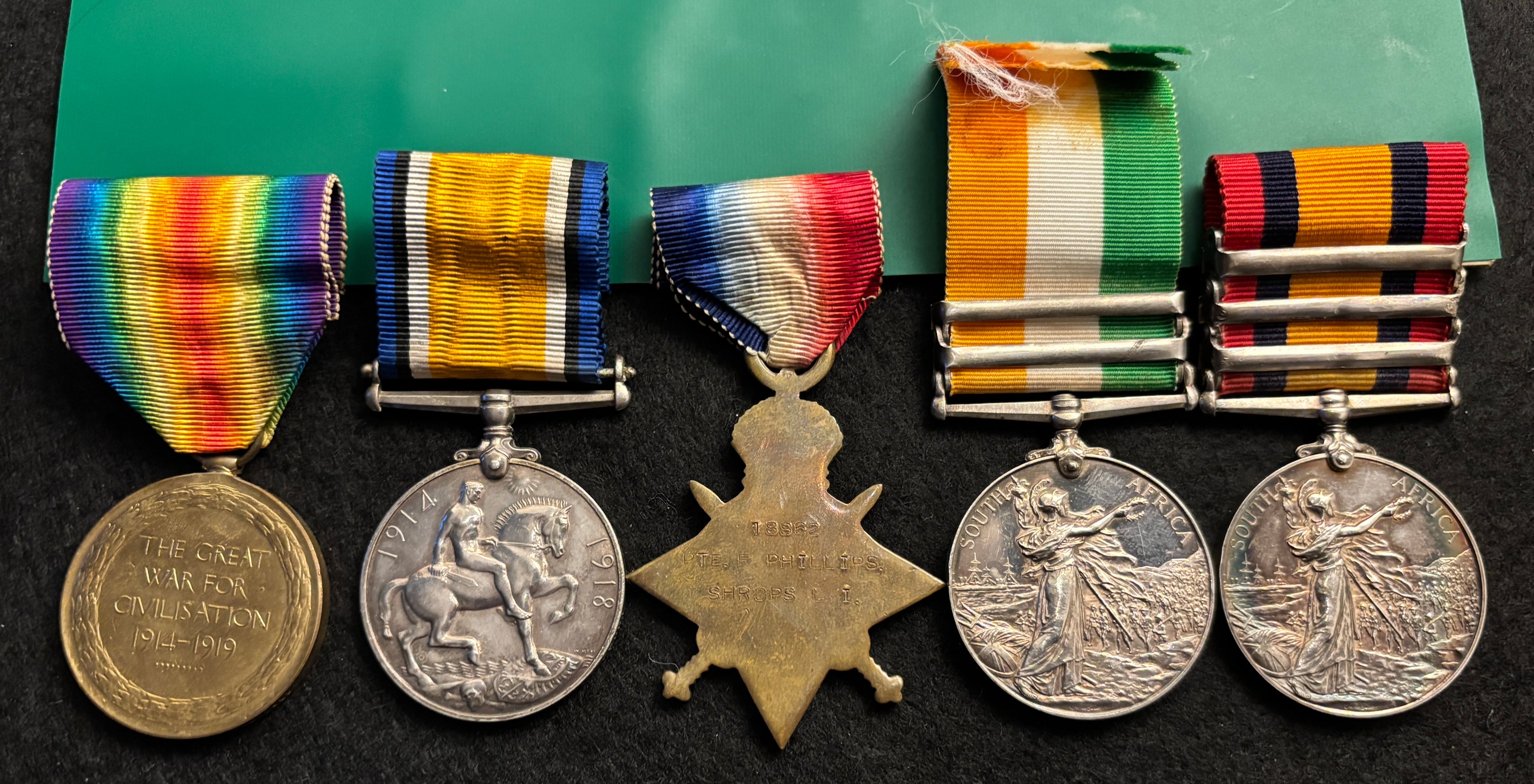 Boer War & WW1 x 5 medal group – Queen’s South Africa Medal, King’s South Africa Medal, 1914-15 Star, British War Medal & Victory Medal - FREDERICK PHILLIPS – King’s Shropshire Light Infantry & Somerset Light Infantry – Died of disease February 1919