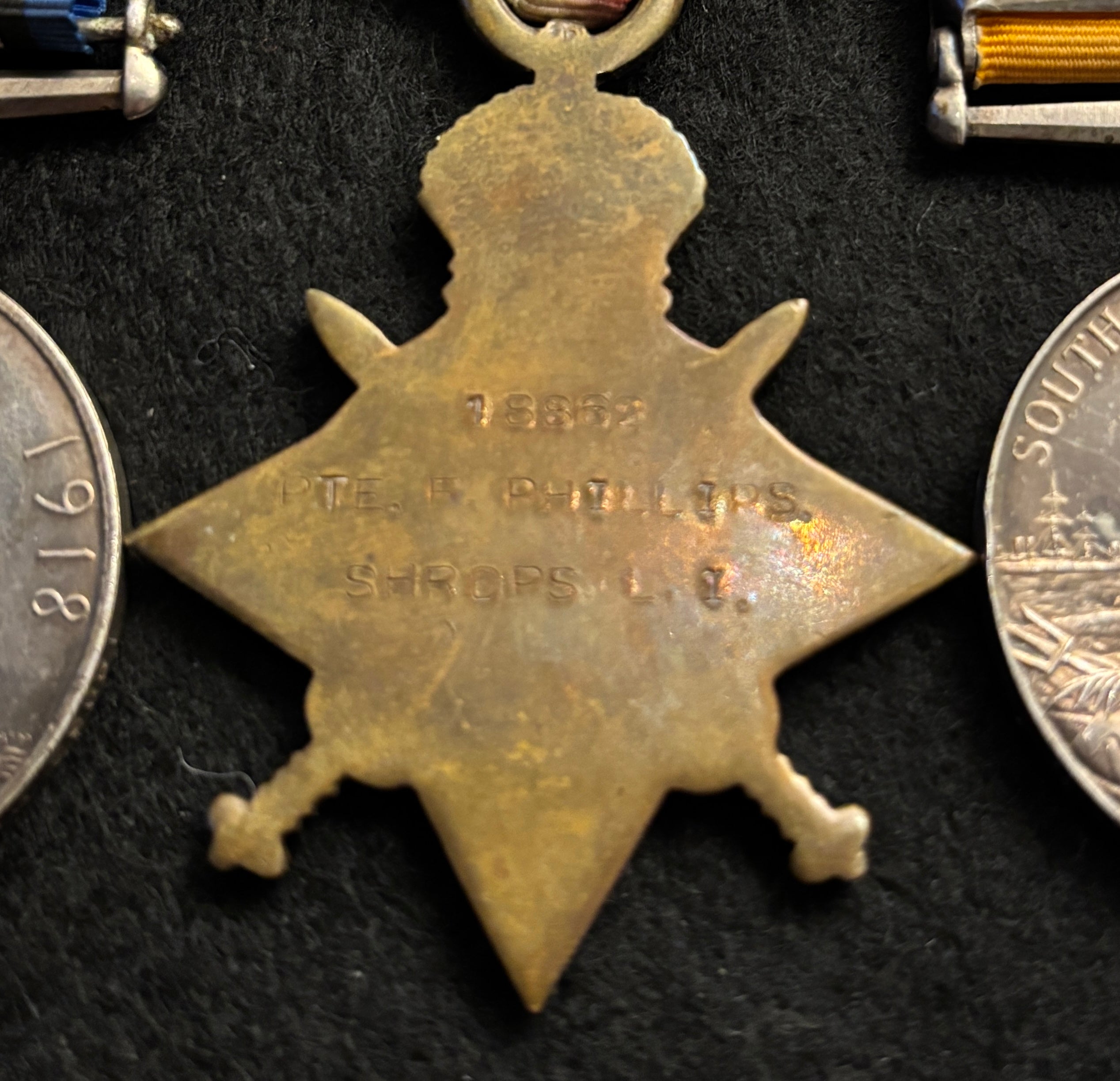 Boer War & WW1 x 5 medal group – Queen’s South Africa Medal, King’s South Africa Medal, 1914-15 Star, British War Medal & Victory Medal - FREDERICK PHILLIPS – King’s Shropshire Light Infantry & Somerset Light Infantry – Died of disease February 1919
