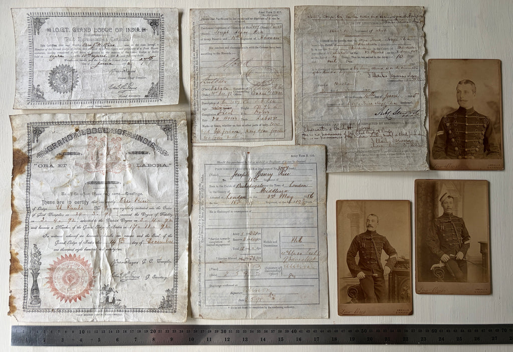 Very rare Victorian era father & son military archive – 5x original documents + 3x photographs relating to JOSEPH RICE 10th Regiment of Foot (North Lincolnshire - Indian Mutiny 1857 - in action at Lucknow) & JOSEPH HENRY RICE 18th Hussars.