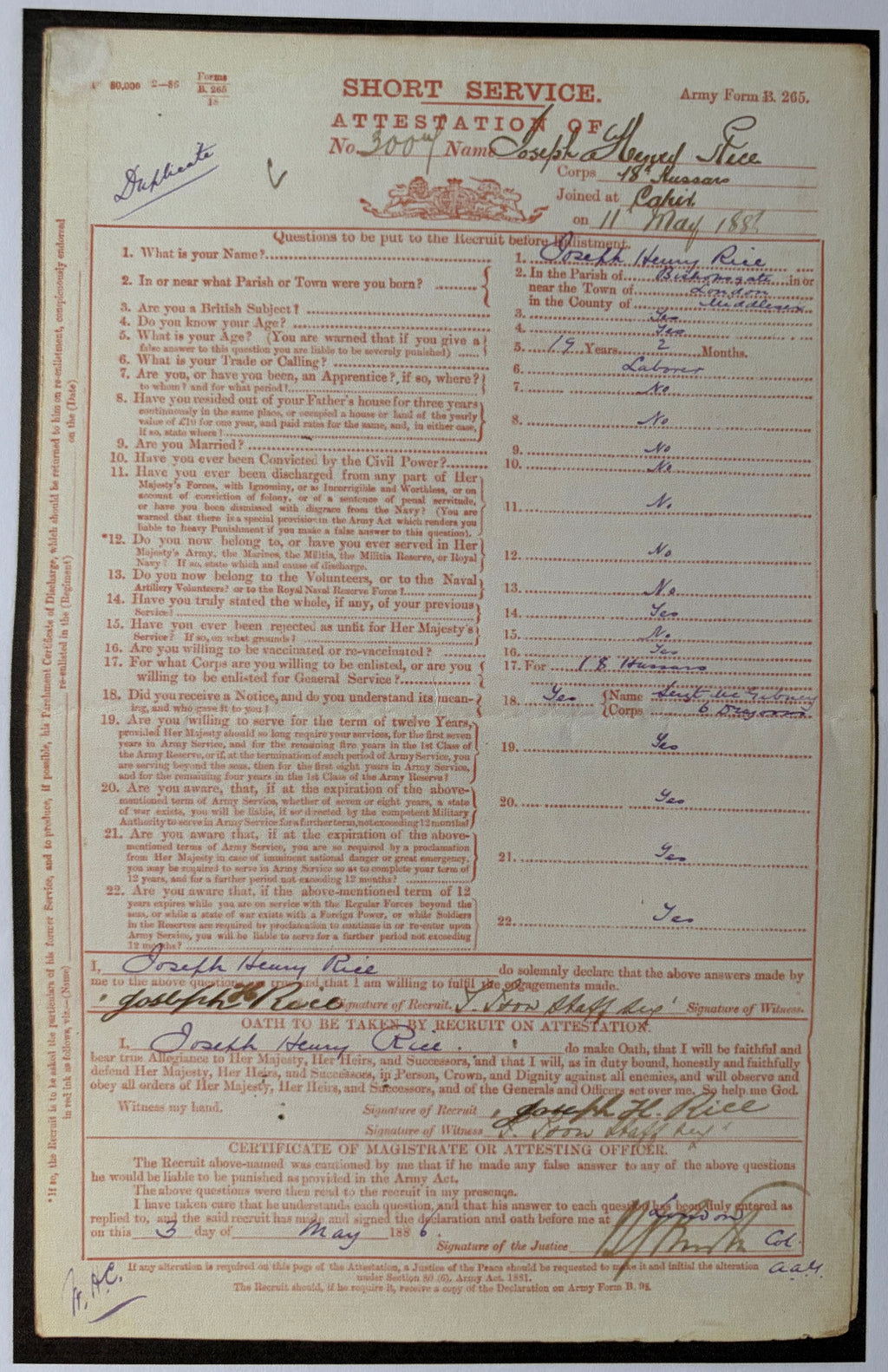 Very rare Victorian era father & son military archive – 5x original documents + 3x photographs relating to JOSEPH RICE 10th Regiment of Foot (North Lincolnshire - Indian Mutiny 1857 - in action at Lucknow) & JOSEPH HENRY RICE 18th Hussars.