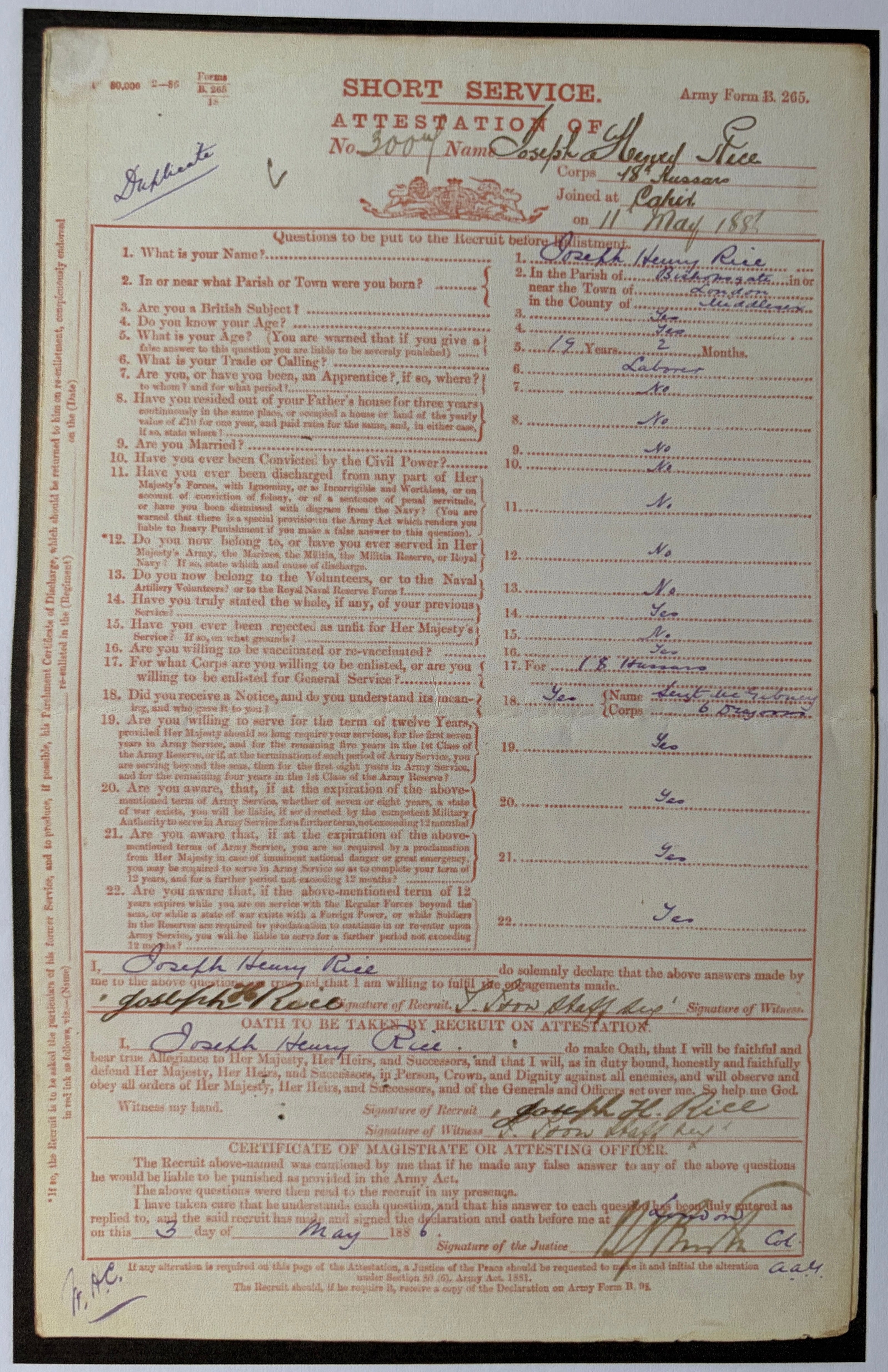 Very rare Victorian era father & son military archive – 5x original documents + 3x photographs relating to JOSEPH RICE 10th Regiment of Foot (North Lincolnshire - Indian Mutiny 1857 - in action at Lucknow) & JOSEPH HENRY RICE 18th Hussars.