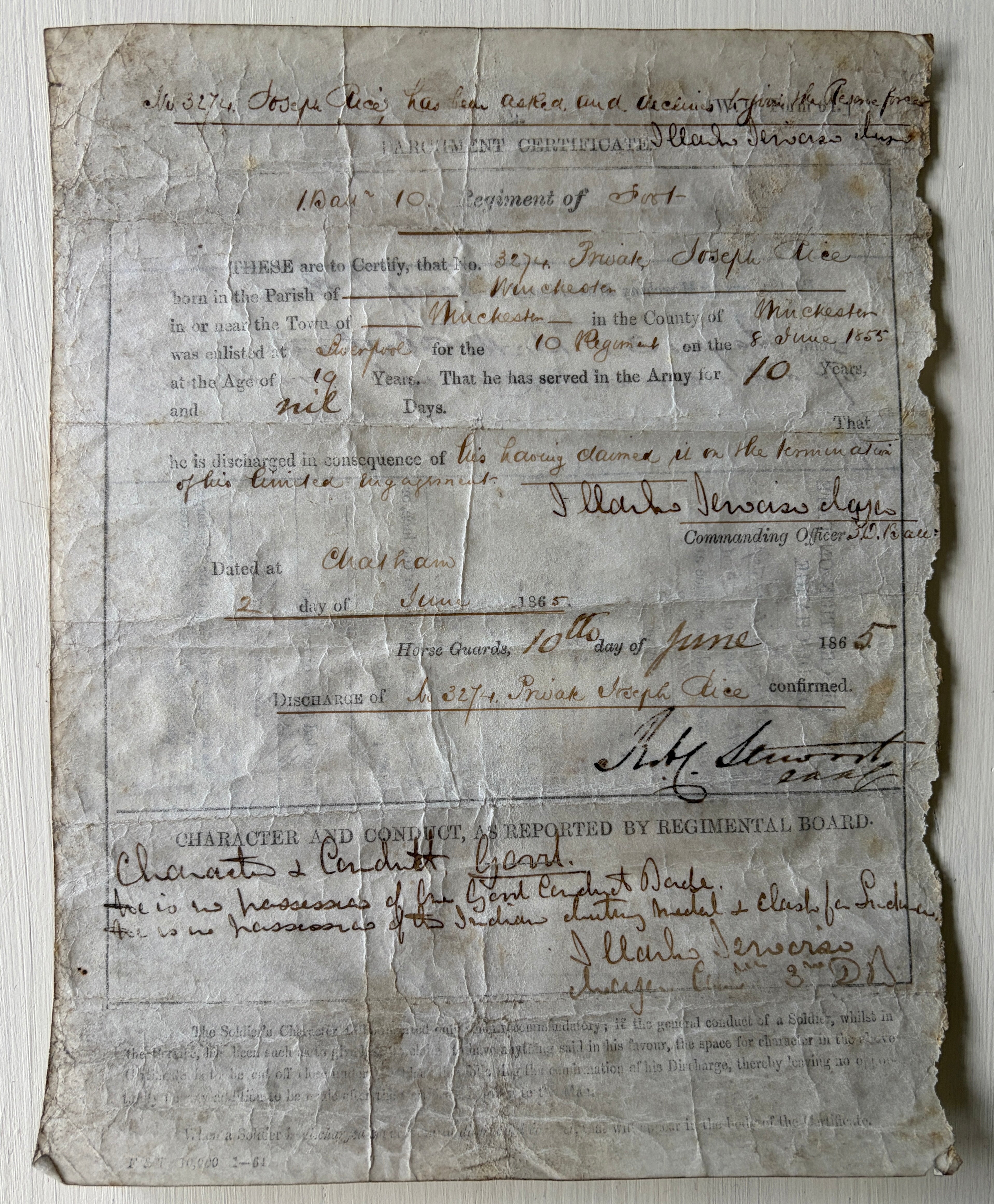 Very rare Victorian era father & son military archive – 5x original documents + 3x photographs relating to JOSEPH RICE 10th Regiment of Foot (North Lincolnshire - Indian Mutiny 1857 - in action at Lucknow) & JOSEPH HENRY RICE 18th Hussars.