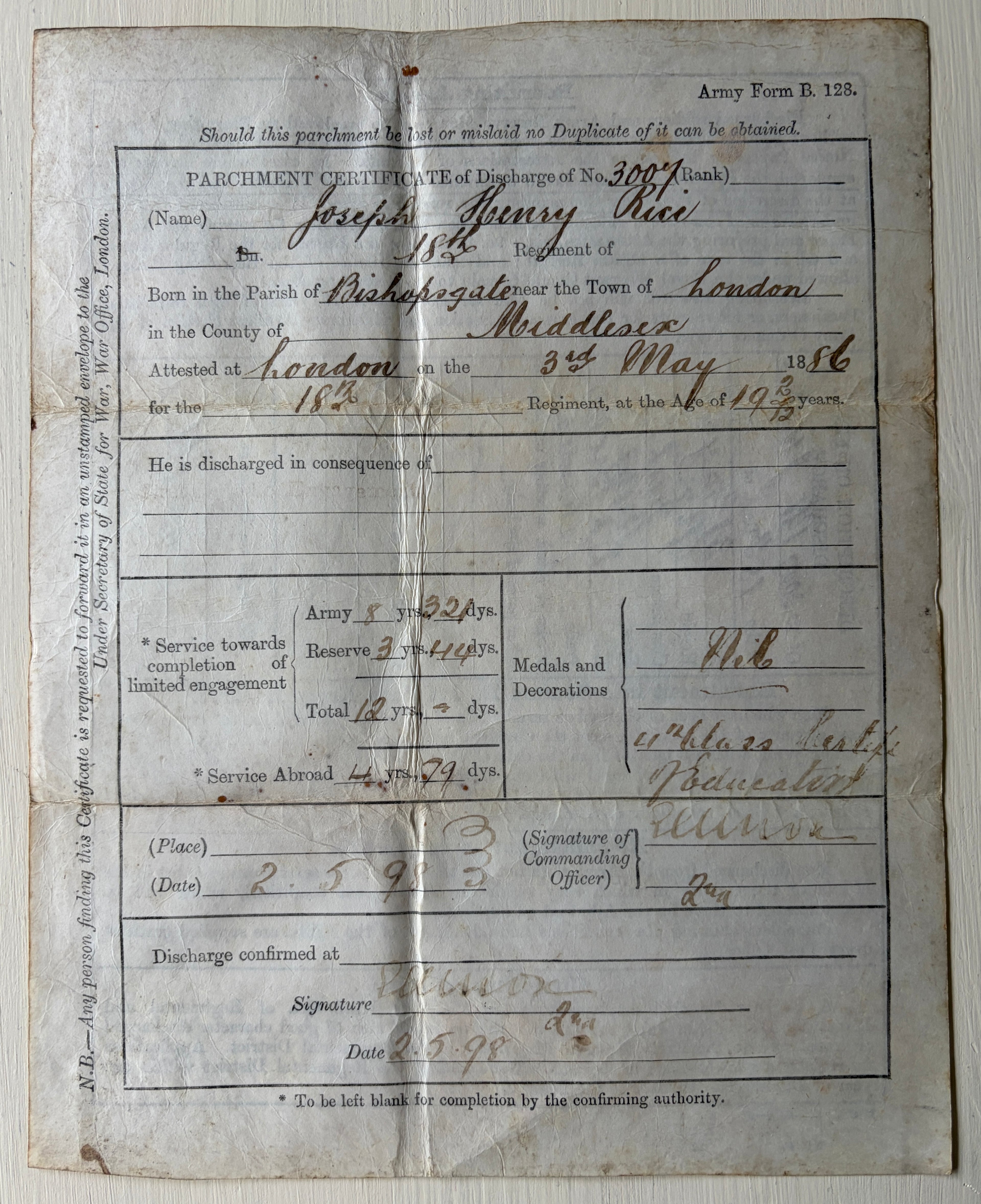 Very rare Victorian era father & son military archive – 5x original documents + 3x photographs relating to JOSEPH RICE 10th Regiment of Foot (North Lincolnshire - Indian Mutiny 1857 - in action at Lucknow) & JOSEPH HENRY RICE 18th Hussars.