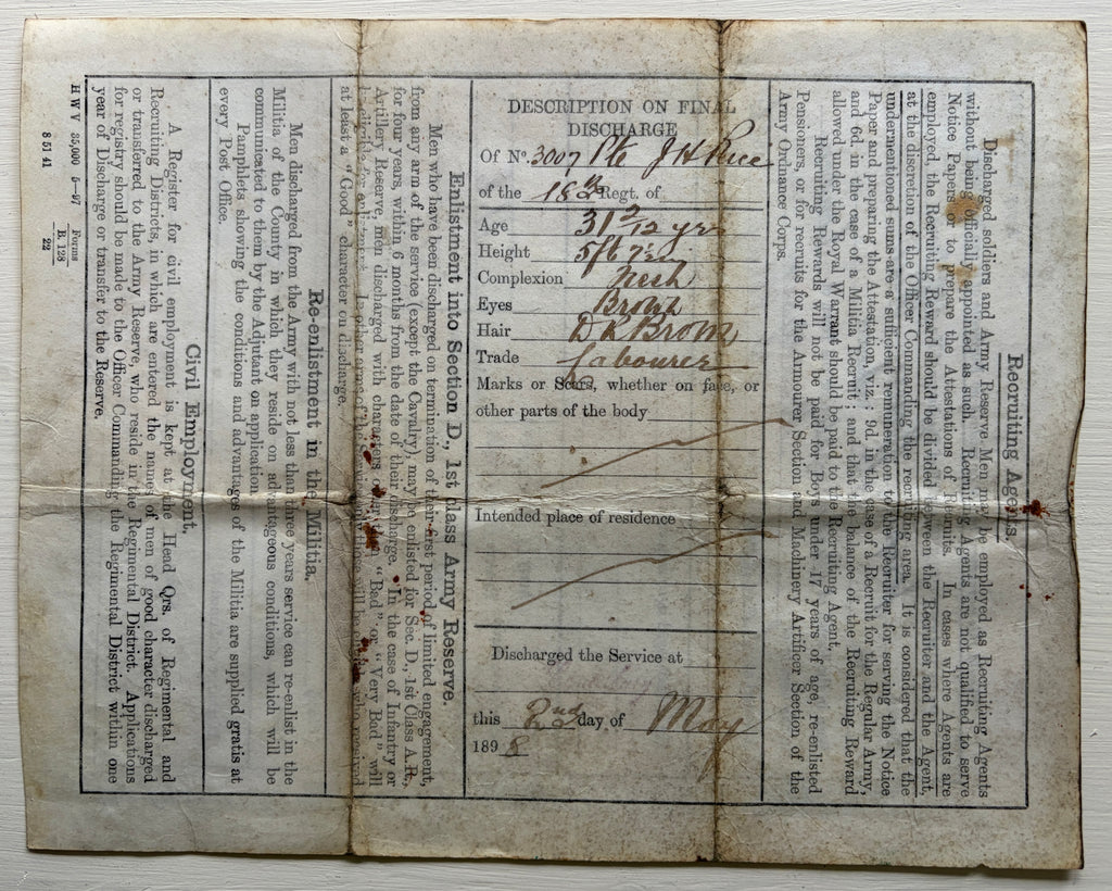 Very rare Victorian era father & son military archive – 5x original documents + 3x photographs relating to JOSEPH RICE 10th Regiment of Foot (North Lincolnshire - Indian Mutiny 1857 - in action at Lucknow) & JOSEPH HENRY RICE 18th Hussars.