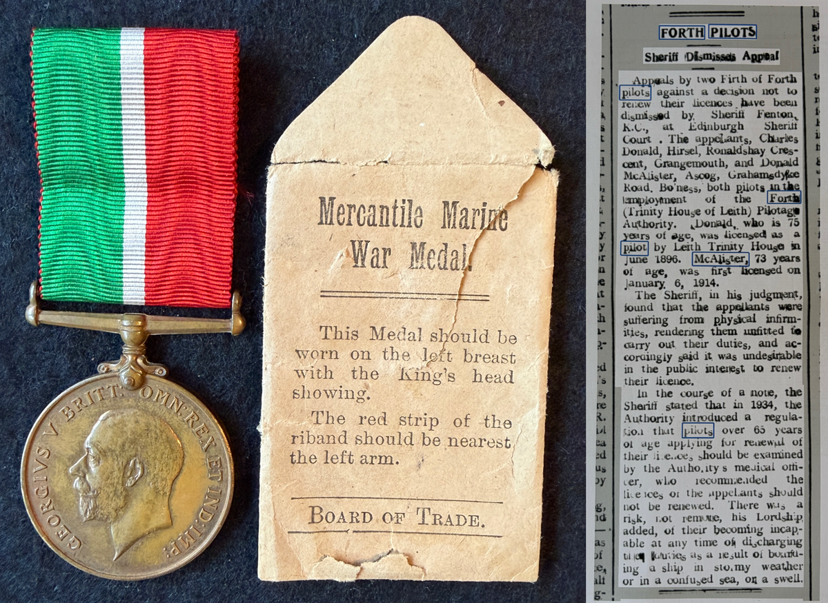 WW1 Mercantile Marine War Medal (single medal only) with original medal envelope – Awarded to DONALD McALISTER – Firth of Forth ‘Trinity House’ Pilot / Admiralty Pilot, Leith near Edinburgh