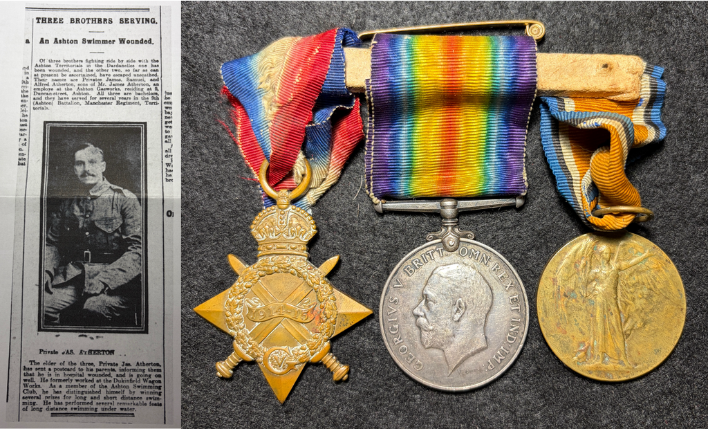 WW1 Medal trio – 1914-15 Star, British War Medal & Victory Medal awarded to SAMUEL ATHERTON - 1/9th (Ashton-under-Lyne) Bn Manchester Regt & 1st Battalion King’s Liverpool Regt – GALLIPOLI – 1 of 3 brothers who served together in the ‘Ashton Territorials’